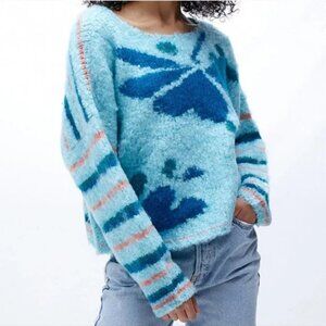 Free People Blue and Pink Crew Neck Sweater